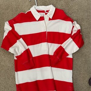 aerie Red and White Striped Button-Down Rugby Shirt